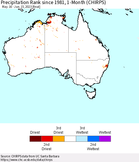 Australia Precipitation Rank since 1981, 1-Month (CHIRPS) Thematic Map For 5/16/2023 - 6/15/2023