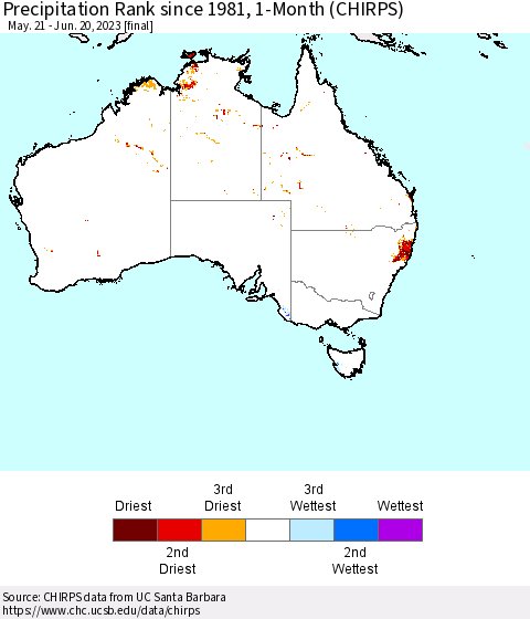 Australia Precipitation Rank since 1981, 1-Month (CHIRPS) Thematic Map For 5/21/2023 - 6/20/2023