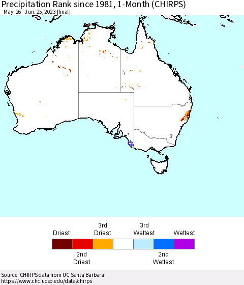 Australia Precipitation Rank since 1981, 1-Month (CHIRPS) Thematic Map For 5/26/2023 - 6/25/2023