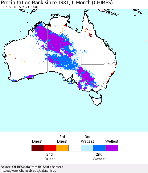 Australia Precipitation Rank since 1981, 1-Month (CHIRPS) Thematic Map For 6/6/2023 - 7/5/2023