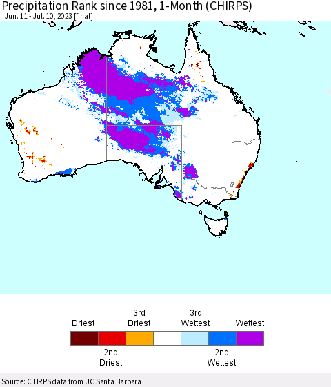 Australia Precipitation Rank since 1981, 1-Month (CHIRPS) Thematic Map For 6/11/2023 - 7/10/2023