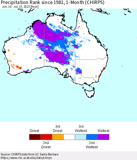Australia Precipitation Rank since 1981, 1-Month (CHIRPS) Thematic Map For 6/16/2023 - 7/15/2023