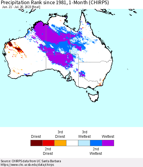 Australia Precipitation Rank since 1981, 1-Month (CHIRPS) Thematic Map For 6/21/2023 - 7/20/2023