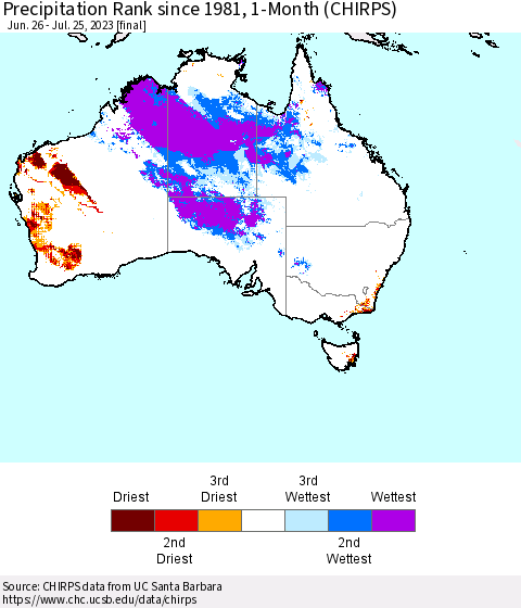 Australia Precipitation Rank since 1981, 1-Month (CHIRPS) Thematic Map For 6/26/2023 - 7/25/2023