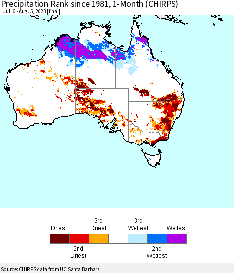 Australia Precipitation Rank since 1981, 1-Month (CHIRPS) Thematic Map For 7/6/2023 - 8/5/2023