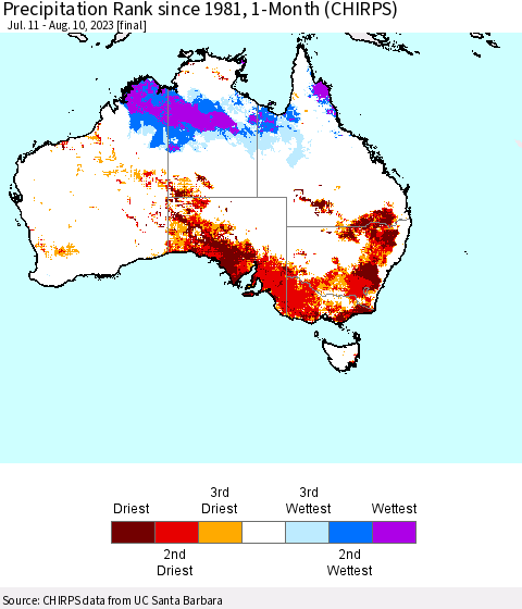Australia Precipitation Rank since 1981, 1-Month (CHIRPS) Thematic Map For 7/11/2023 - 8/10/2023