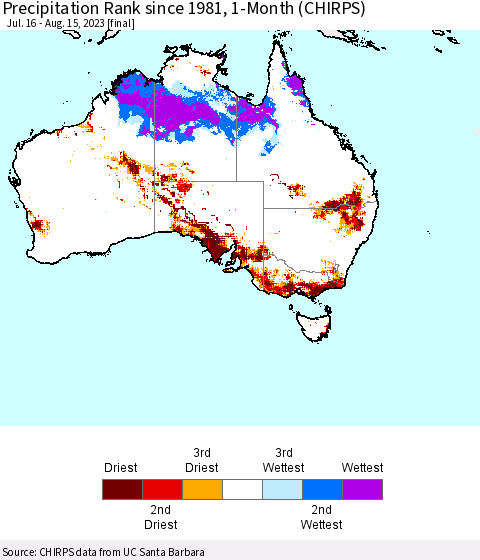 Australia Precipitation Rank since 1981, 1-Month (CHIRPS) Thematic Map For 7/16/2023 - 8/15/2023