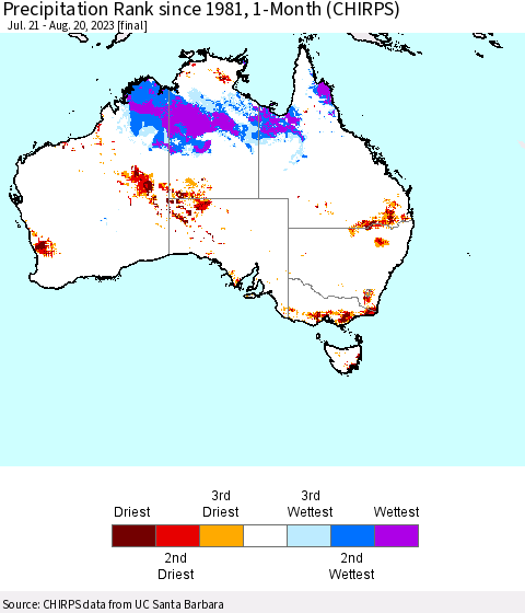 Australia Precipitation Rank since 1981, 1-Month (CHIRPS) Thematic Map For 7/21/2023 - 8/20/2023