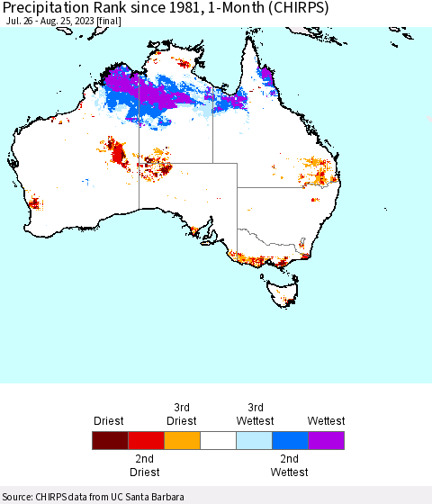 Australia Precipitation Rank since 1981, 1-Month (CHIRPS) Thematic Map For 7/26/2023 - 8/25/2023