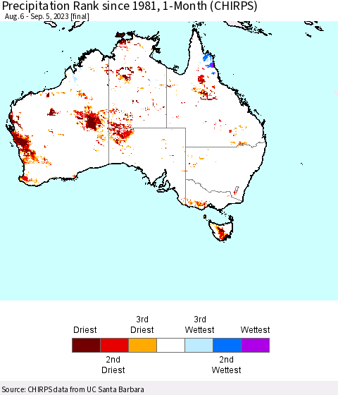 Australia Precipitation Rank since 1981, 1-Month (CHIRPS) Thematic Map For 8/6/2023 - 9/5/2023