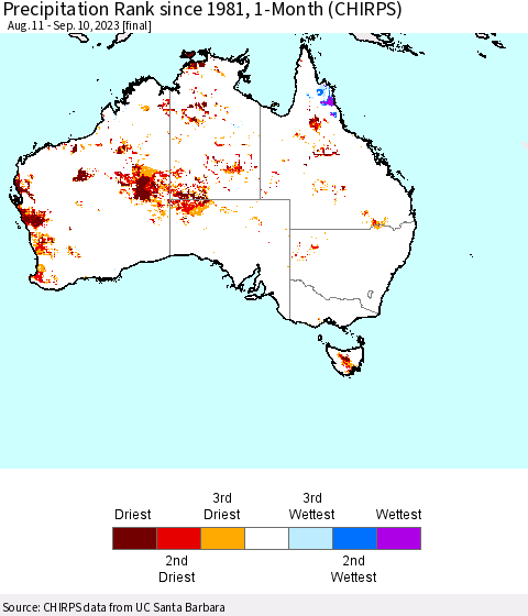 Australia Precipitation Rank since 1981, 1-Month (CHIRPS) Thematic Map For 8/11/2023 - 9/10/2023