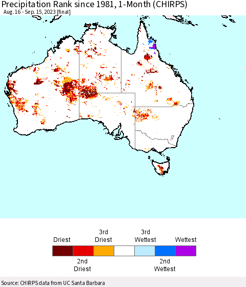 Australia Precipitation Rank since 1981, 1-Month (CHIRPS) Thematic Map For 8/16/2023 - 9/15/2023