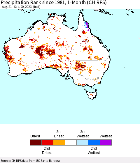 Australia Precipitation Rank since 1981, 1-Month (CHIRPS) Thematic Map For 8/21/2023 - 9/20/2023