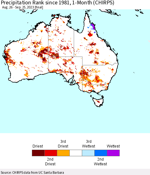 Australia Precipitation Rank since 1981, 1-Month (CHIRPS) Thematic Map For 8/26/2023 - 9/25/2023