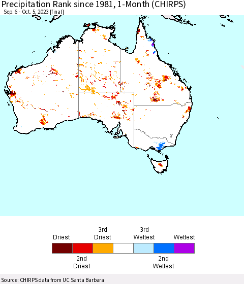 Australia Precipitation Rank since 1981, 1-Month (CHIRPS) Thematic Map For 9/6/2023 - 10/5/2023