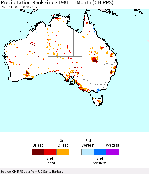 Australia Precipitation Rank since 1981, 1-Month (CHIRPS) Thematic Map For 9/11/2023 - 10/10/2023
