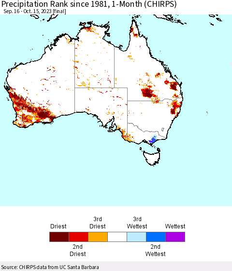 Australia Precipitation Rank since 1981, 1-Month (CHIRPS) Thematic Map For 9/16/2023 - 10/15/2023