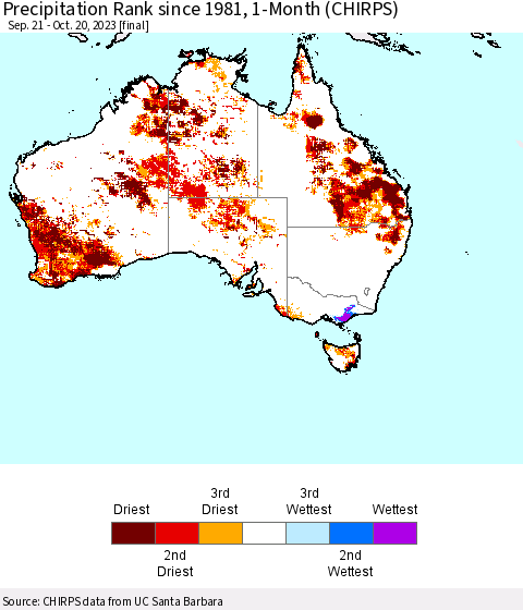Australia Precipitation Rank since 1981, 1-Month (CHIRPS) Thematic Map For 9/21/2023 - 10/20/2023