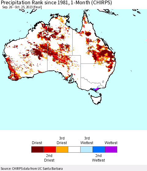 Australia Precipitation Rank since 1981, 1-Month (CHIRPS) Thematic Map For 9/26/2023 - 10/25/2023