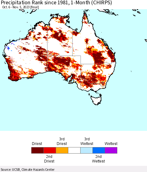 Australia Precipitation Rank since 1981, 1-Month (CHIRPS) Thematic Map For 10/6/2023 - 11/5/2023