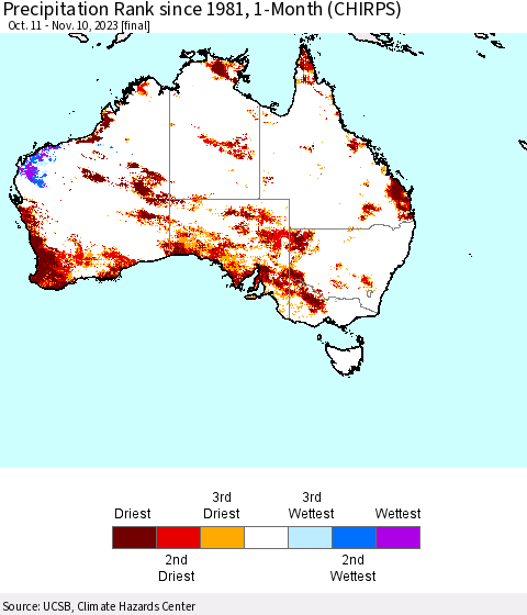 Australia Precipitation Rank since 1981, 1-Month (CHIRPS) Thematic Map For 10/11/2023 - 11/10/2023