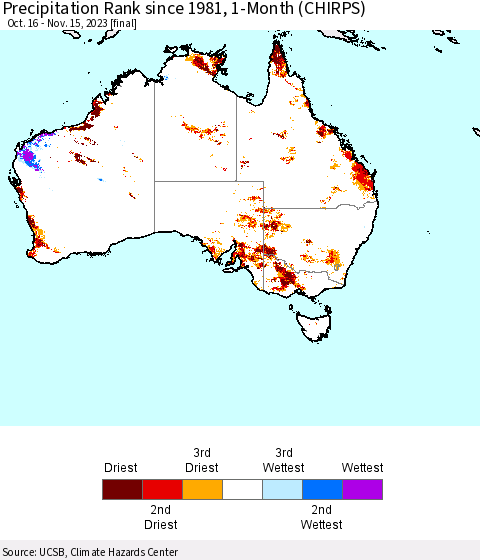Australia Precipitation Rank since 1981, 1-Month (CHIRPS) Thematic Map For 10/16/2023 - 11/15/2023