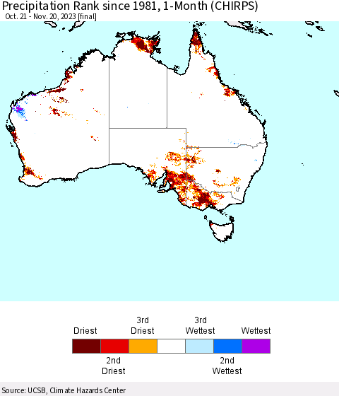 Australia Precipitation Rank since 1981, 1-Month (CHIRPS) Thematic Map For 10/21/2023 - 11/20/2023