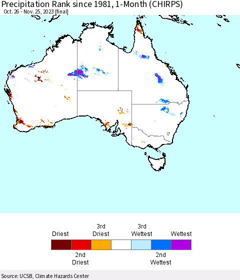 Australia Precipitation Rank since 1981, 1-Month (CHIRPS) Thematic Map For 10/26/2023 - 11/25/2023