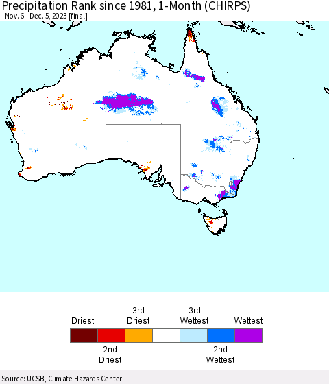 Australia Precipitation Rank since 1981, 1-Month (CHIRPS) Thematic Map For 11/6/2023 - 12/5/2023