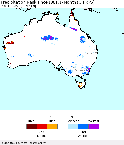 Australia Precipitation Rank since 1981, 1-Month (CHIRPS) Thematic Map For 11/11/2023 - 12/10/2023
