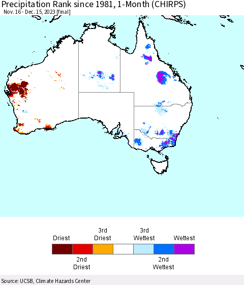 Australia Precipitation Rank since 1981, 1-Month (CHIRPS) Thematic Map For 11/16/2023 - 12/15/2023
