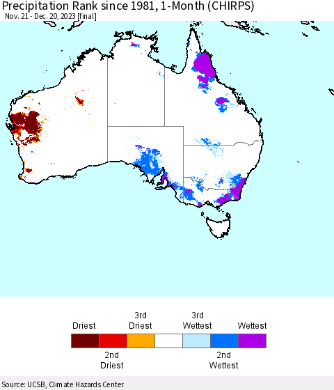 Australia Precipitation Rank since 1981, 1-Month (CHIRPS) Thematic Map For 11/21/2023 - 12/20/2023