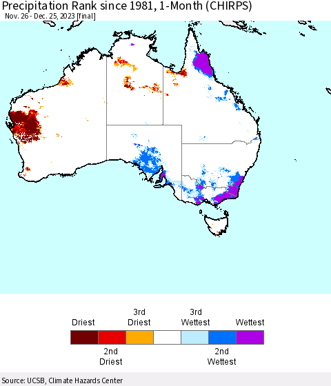 Australia Precipitation Rank since 1981, 1-Month (CHIRPS) Thematic Map For 11/26/2023 - 12/25/2023