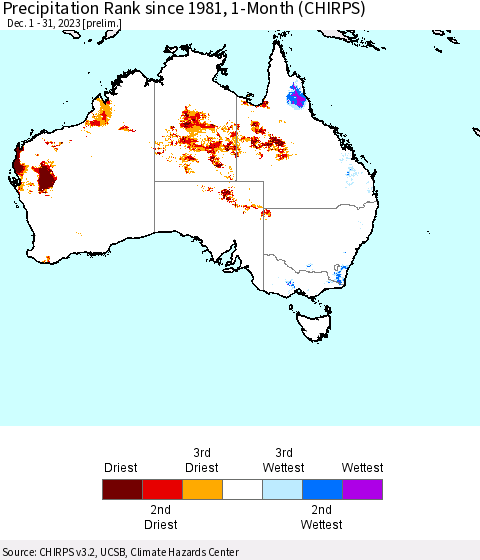 Australia Precipitation Rank since 1981, 1-Month (CHIRPS) Thematic Map For 12/1/2023 - 12/31/2023