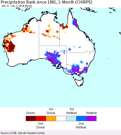 Australia Precipitation Rank since 1981, 1-Month (CHIRPS) Thematic Map For 12/6/2023 - 1/5/2024