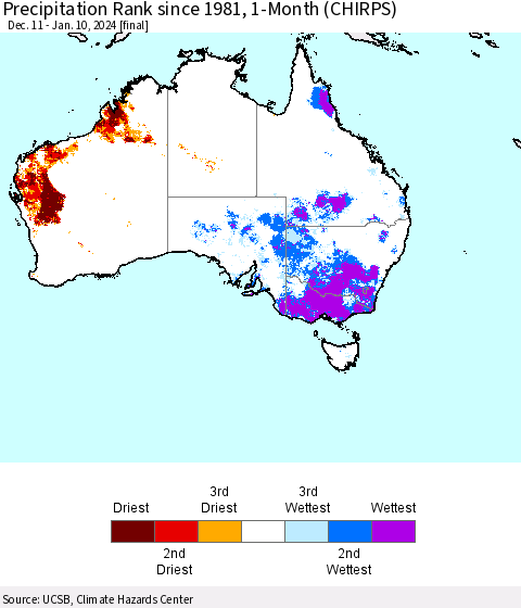 Australia Precipitation Rank since 1981, 1-Month (CHIRPS) Thematic Map For 12/11/2023 - 1/10/2024