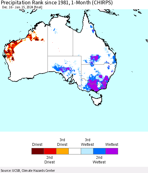 Australia Precipitation Rank since 1981, 1-Month (CHIRPS) Thematic Map For 12/16/2023 - 1/15/2024