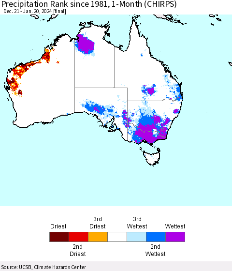 Australia Precipitation Rank since 1981, 1-Month (CHIRPS) Thematic Map For 12/21/2023 - 1/20/2024