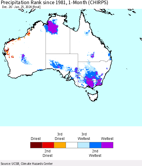 Australia Precipitation Rank since 1981, 1-Month (CHIRPS) Thematic Map For 12/26/2023 - 1/25/2024