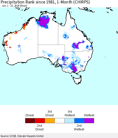 Australia Precipitation Rank since 1981, 1-Month (CHIRPS) Thematic Map For 1/1/2024 - 1/31/2024