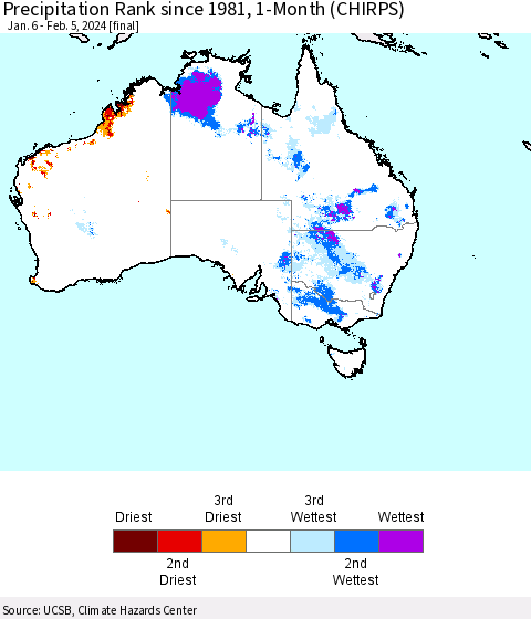 Australia Precipitation Rank since 1981, 1-Month (CHIRPS) Thematic Map For 1/6/2024 - 2/5/2024