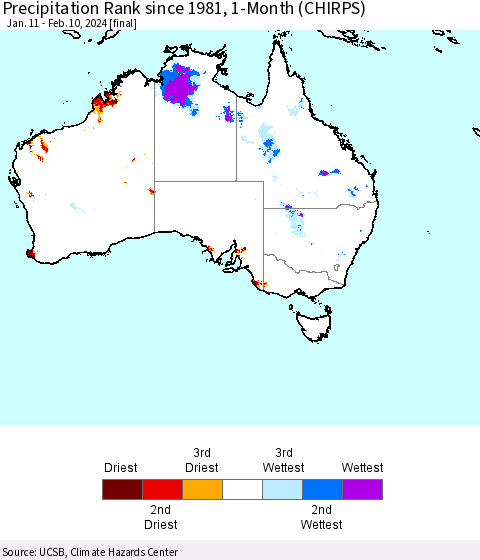 Australia Precipitation Rank since 1981, 1-Month (CHIRPS) Thematic Map For 1/11/2024 - 2/10/2024