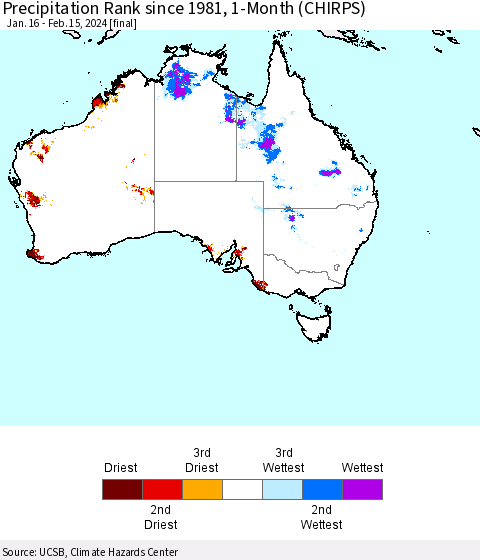 Australia Precipitation Rank since 1981, 1-Month (CHIRPS) Thematic Map For 1/16/2024 - 2/15/2024