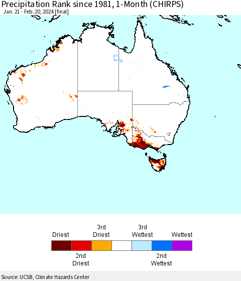 Australia Precipitation Rank since 1981, 1-Month (CHIRPS) Thematic Map For 1/21/2024 - 2/20/2024