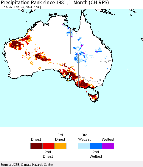 Australia Precipitation Rank since 1981, 1-Month (CHIRPS) Thematic Map For 1/26/2024 - 2/25/2024