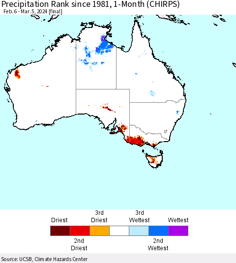 Australia Precipitation Rank since 1981, 1-Month (CHIRPS) Thematic Map For 2/6/2024 - 3/5/2024