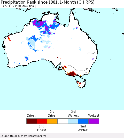 Australia Precipitation Rank since 1981, 1-Month (CHIRPS) Thematic Map For 2/11/2024 - 3/10/2024