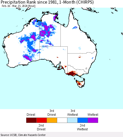 Australia Precipitation Rank since 1981, 1-Month (CHIRPS) Thematic Map For 2/16/2024 - 3/15/2024