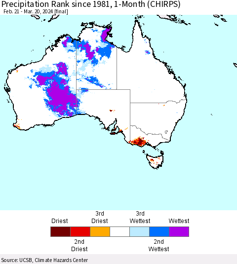 Australia Precipitation Rank since 1981, 1-Month (CHIRPS) Thematic Map For 2/21/2024 - 3/20/2024