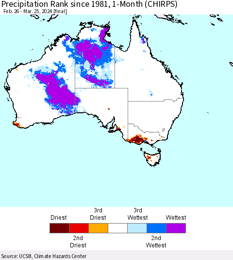 Australia Precipitation Rank since 1981, 1-Month (CHIRPS) Thematic Map For 2/26/2024 - 3/25/2024